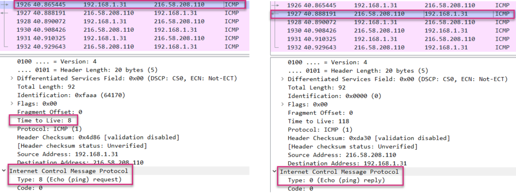wireshark analysis of the last traceroute hop discovery